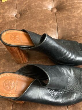 Tory Burch Black Leather Ankle Boots with Wood Block Heel